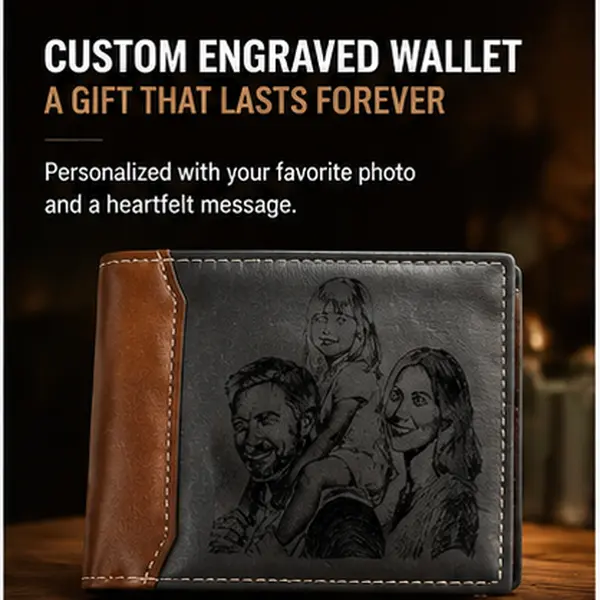 Custom Photo & Engraved Leather Wallet, Personalized Keepsake Wallet for Dad, Unique Father's Day Gift, Custom Name & Message Bifold Wallet for Men