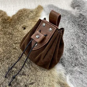 Vintage Medieval Faux Leather Material Drawstring Closure Pouch, Middle Ages Portable Coin Purse, Riveted Details Belt Pouch Dice Bag for Larp Ren Faire