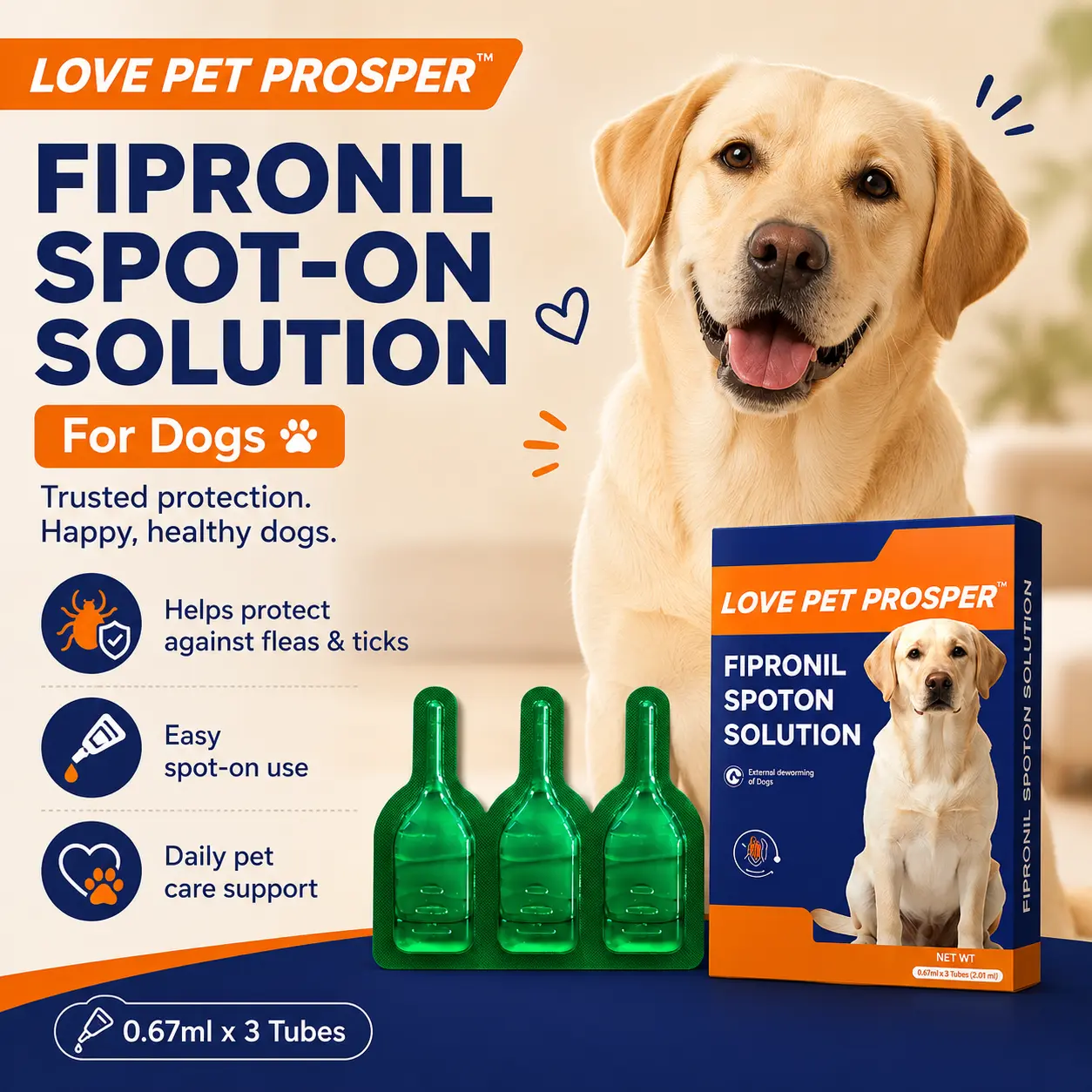 LOVE PET PROSPER Fipronil Spot-On Solution for Dogs, 0.67ml×3 Tubes Flea & Tick Topical Drops, Easy Apply External Dog Care |COD
