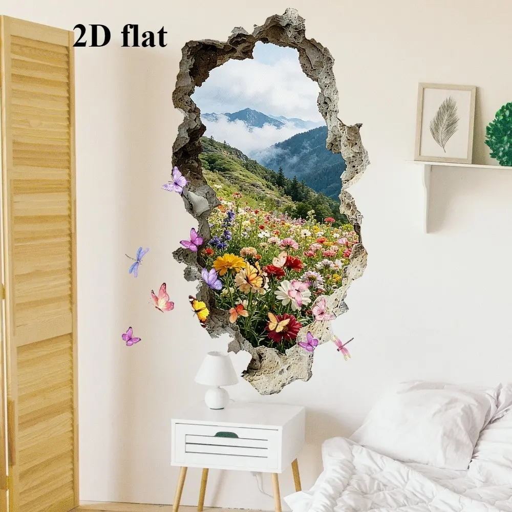 2D Flat 1 Piece (30*60cm) 3D Broken Wall Scenery & Flowers Wall Sticker Self-Adhesive for Bedroom Living Room Interior Background Wall Decor