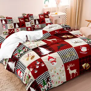 3pcs Christmas Reindeer & Plaid Duvet Cover Set with 2 Pillowcases - Red & Black Plaid Bedding With Reindeer, Snowmen, Holly & Houndstooth Patterns, Machine Washable - Festival Winter Bedding Set For Holiday Decor & Christmas Gift Decorative Bedsheet Sets