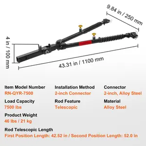 VEVOR Tow Bar, 7500 lbs Towing Capacity with Ropes, Powder-Coating Alloy Steel Bumper-Mounted Universal Towing Bar with Max 52 inches Telescopic Rod, Fits 2-inch Connector, for RV Car Trailer Truck