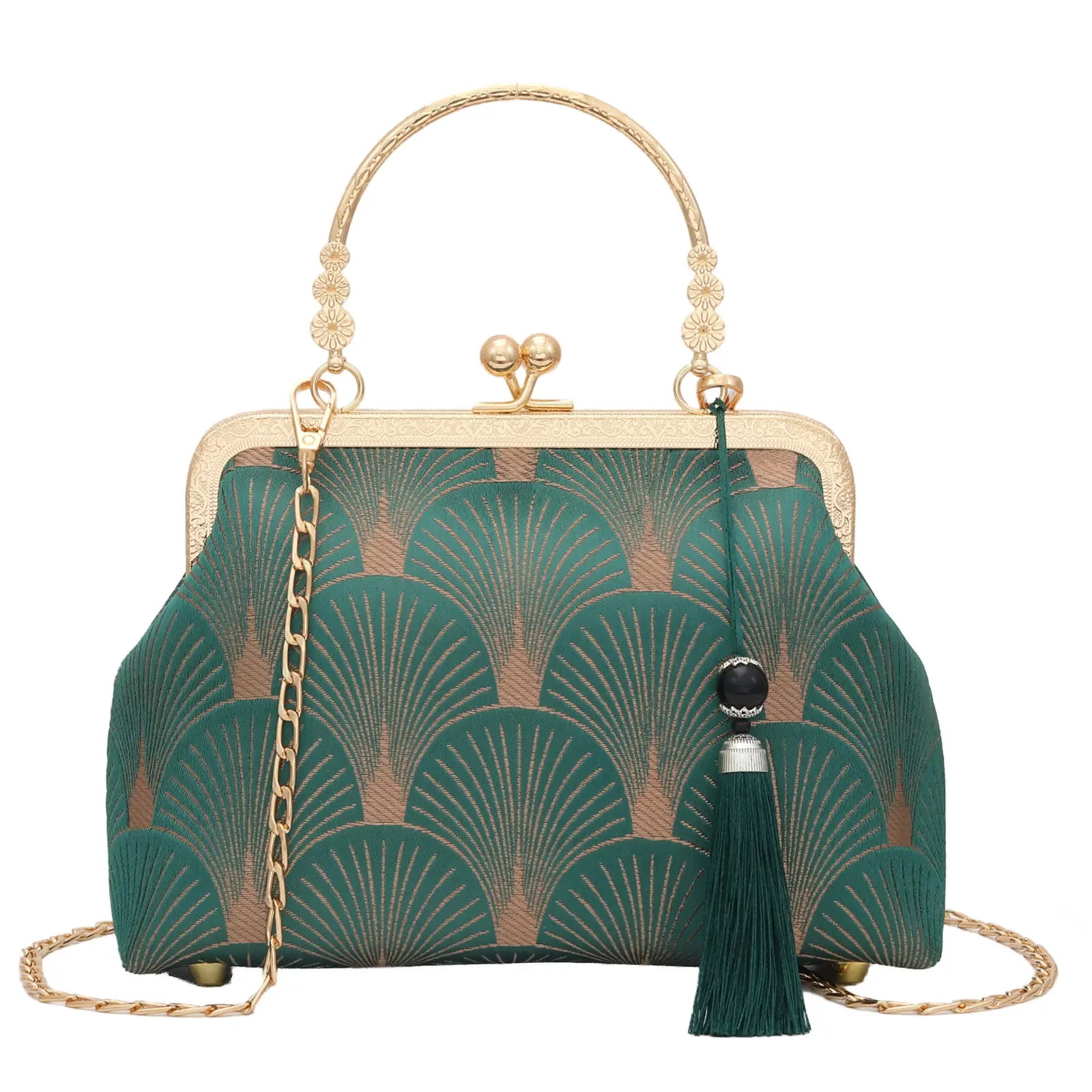 Bwinka Women's Elegant Chinese Style Peacock Kiss Lock Purse - Retro Hand-Embroidered Jacquard Crossbody Bag with Detachable Chain, Lightweight for Nightout, Hand Wash Only
