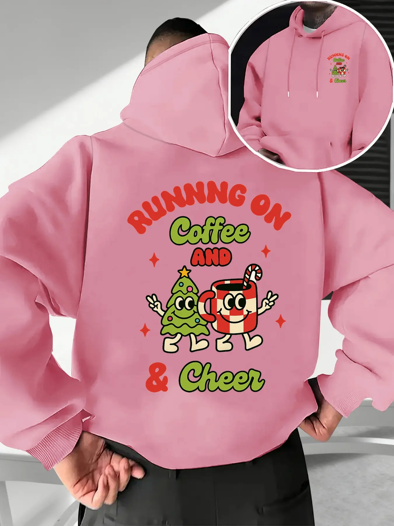Men's Fall Winter Trendy Hoodie, Coffee Christmas Theme Print Front Back, Casual Fitted Hooded Sweatshirt, Drawstring Pocket Design