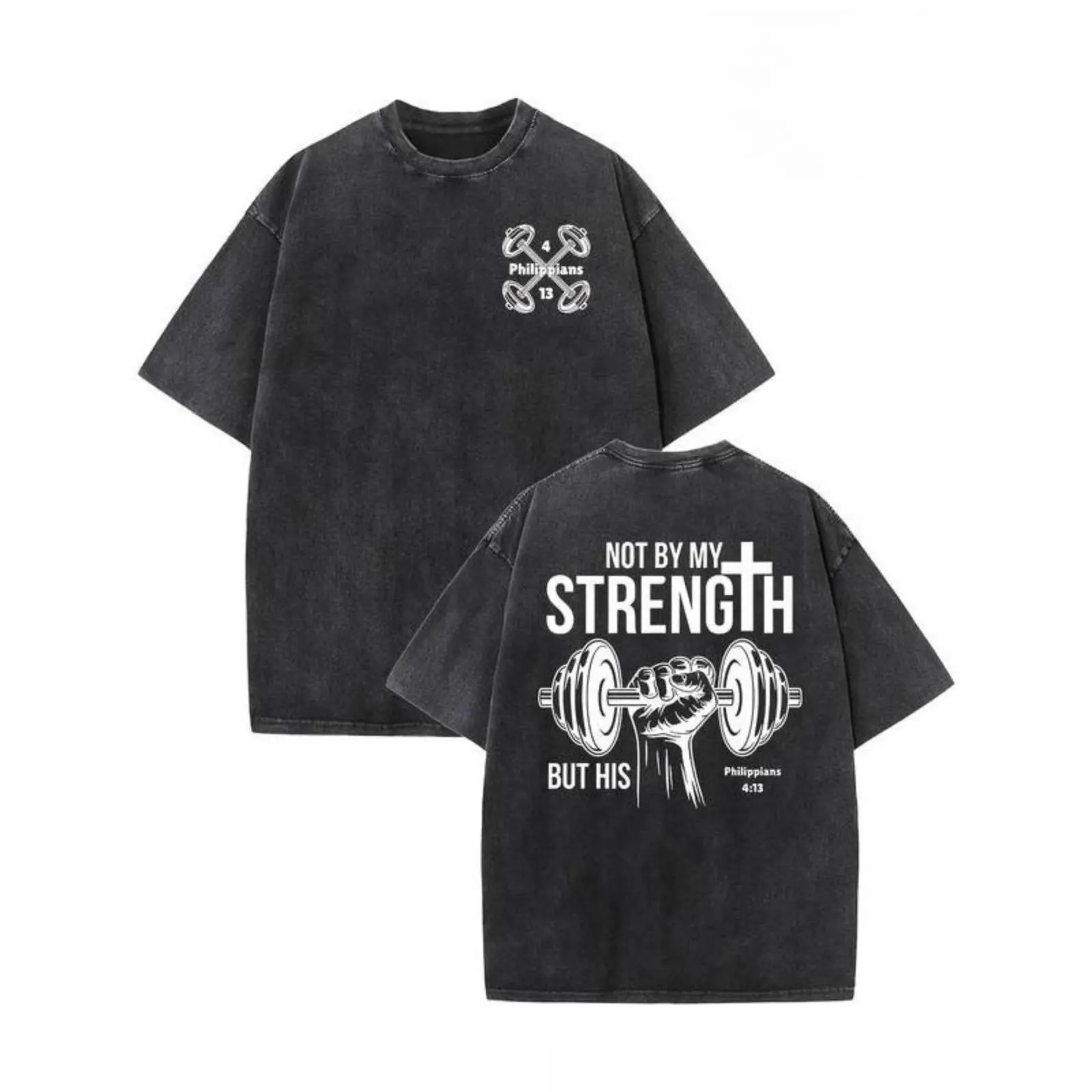 Unisex Cotton Shortsleeve T-Type T-Shirt, Round Neck, Heavyweight Vintage Fit, Digital Print Inspirational 'Not by My Strength, But by His' Text, Casual Sports Top (Up to 3XL)