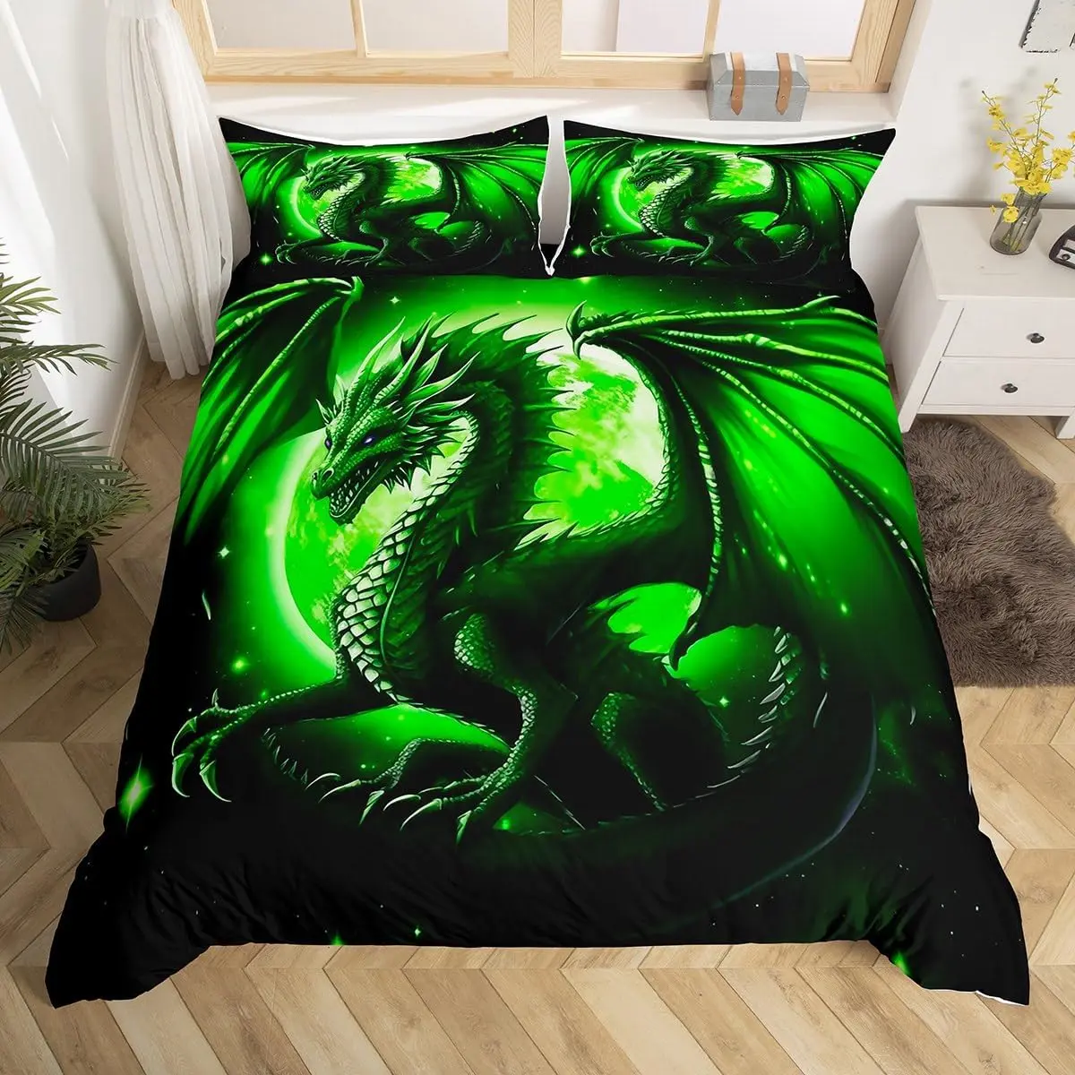 Dragon Bedding Set,Starry Sky Moon Night Duvet Cover Set Men Room Decor,3D Western Dragon Animals Comforter Cover Black Green Quilt Cover