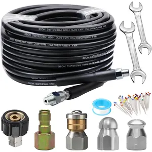 Sewer Jetter Kit 50FT for  Washer, 5800PSI Drain Cleaner Hose 1/4 Inch NPT, Corner, Rotating & Button Nose Sewer Jetting Nozzle with Spanner  Tape  Corsage Pin