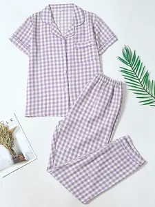 Plaid Short Sleeve Top with Long Pants Luxury Pajama Set, Fitted Style Loungewear for All Seasons, Casual and Comfortable Sleepwear
