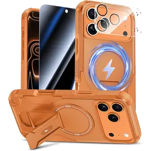 for iPhone 17 Pro Case with Privacy Tempered Glass Screen Protector & Camera Lens Protector, Compatible with MagSafe, Invisible Kickstand, Shockproof Phone Cover, Orange