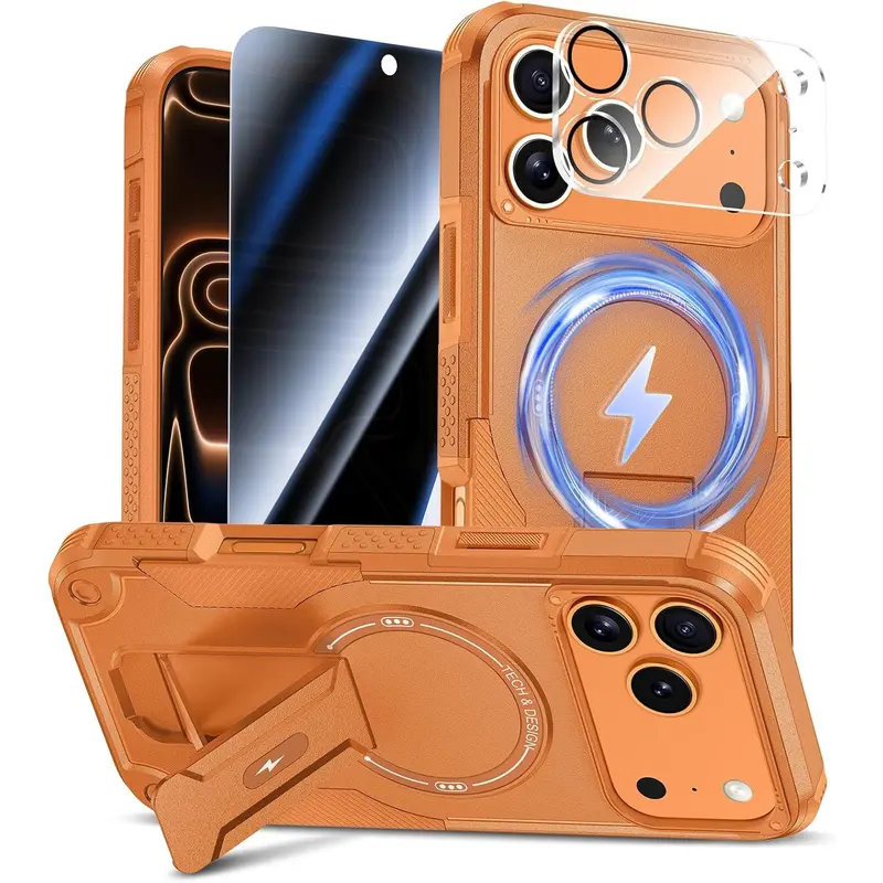 for iPhone 17 Pro Case with Privacy Tempered Glass Screen Protector & Camera Lens Protector, Compatible with MagSafe, Invisible Kickstand, Shockproof Phone Cover, Orange