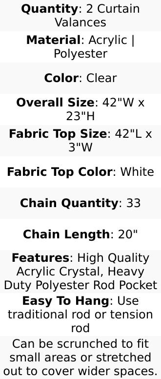 2 Pack Acrylic Crystal Beaded Curtain Valance with Polyester Rod Pocket, 23"x42" Triple Swag Diamond Cut Doorway Curtains