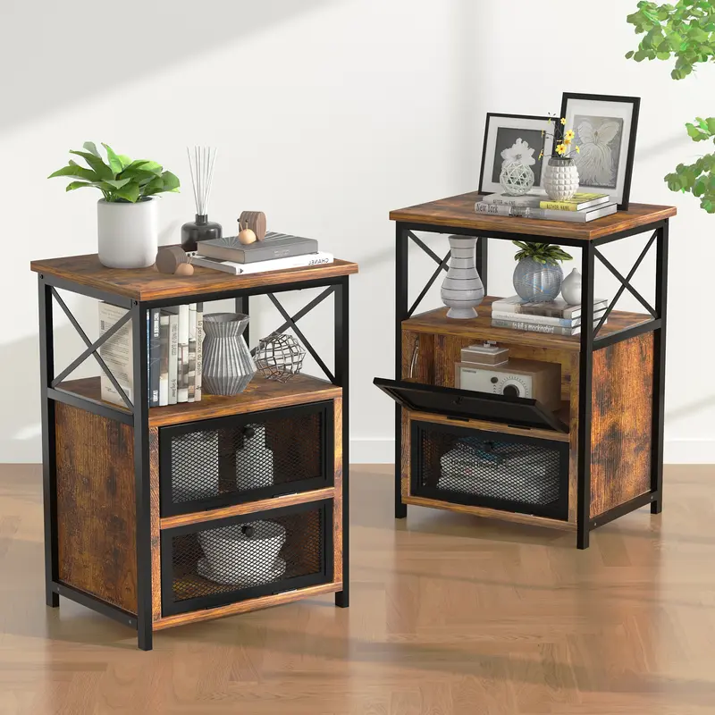VECELO Nightstand End Table Large With 2 Flip Drawers Bedside Table with Storage Small Side Table 2 Tiers Storage Shelves Night Stand for Living Room Bedroom,Small Spaces Set of 2,Set of 1 Nightstand
