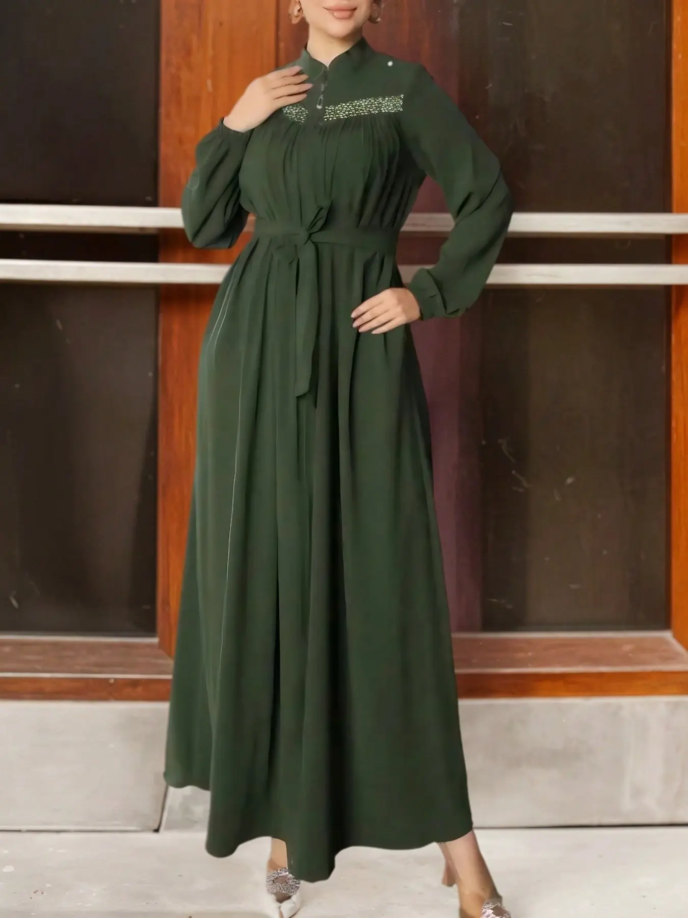 Dark Green Abaya Dress with Sparkling Rhinestones, Elegant and Subtle Design, Modest Style, Perfect for Special Occasions, Women's Fashion, Classy Modest Dresses, Islamic Modesty Clothes, Islamic Muslim Clothing