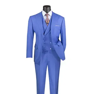 Men’s Modern Fit Summer 3-Piece Suit with Double-Breasted Vest – French Blue MV2K-2