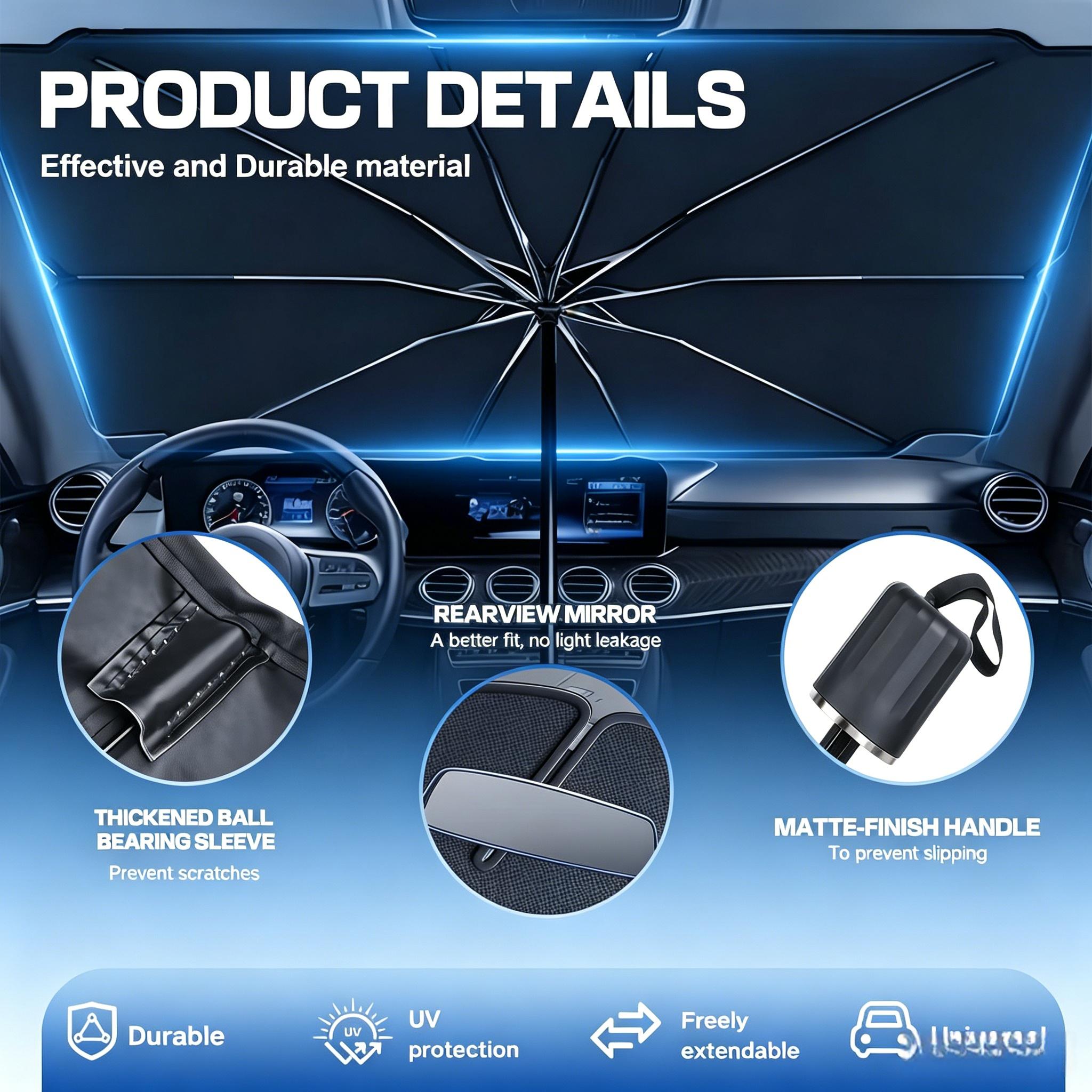 Foldable Car Windshield Sun Shade Umbrella Cover, Titanium Silver UV-Protection Heat-Insulation Sun Visor, Portable Front Auto Window Shade with Storage Bag detail 3