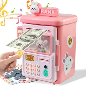Rabbit ATM Piggy Bank Toy for Kids - Mini Coin Bank with Password Protection, Auto Bill Slot, Fun Dinosaur Design, Pink & Green Ornaments