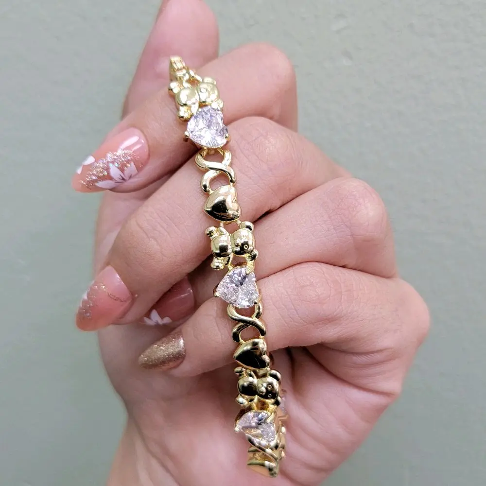 Oro Laminado 14k Pulsera Osito Zirconia Blanca 7 Pulgadas Alta Calidad Gold Plated Teddy Bear Cubic Zirconia Bracelet 7 inches High Quality
