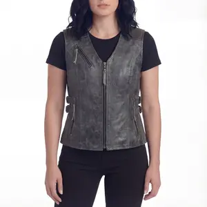 High Mileage Women's Distressed Gray Premium Cowhide Biker Motorcycle Leather Vest With Buckles