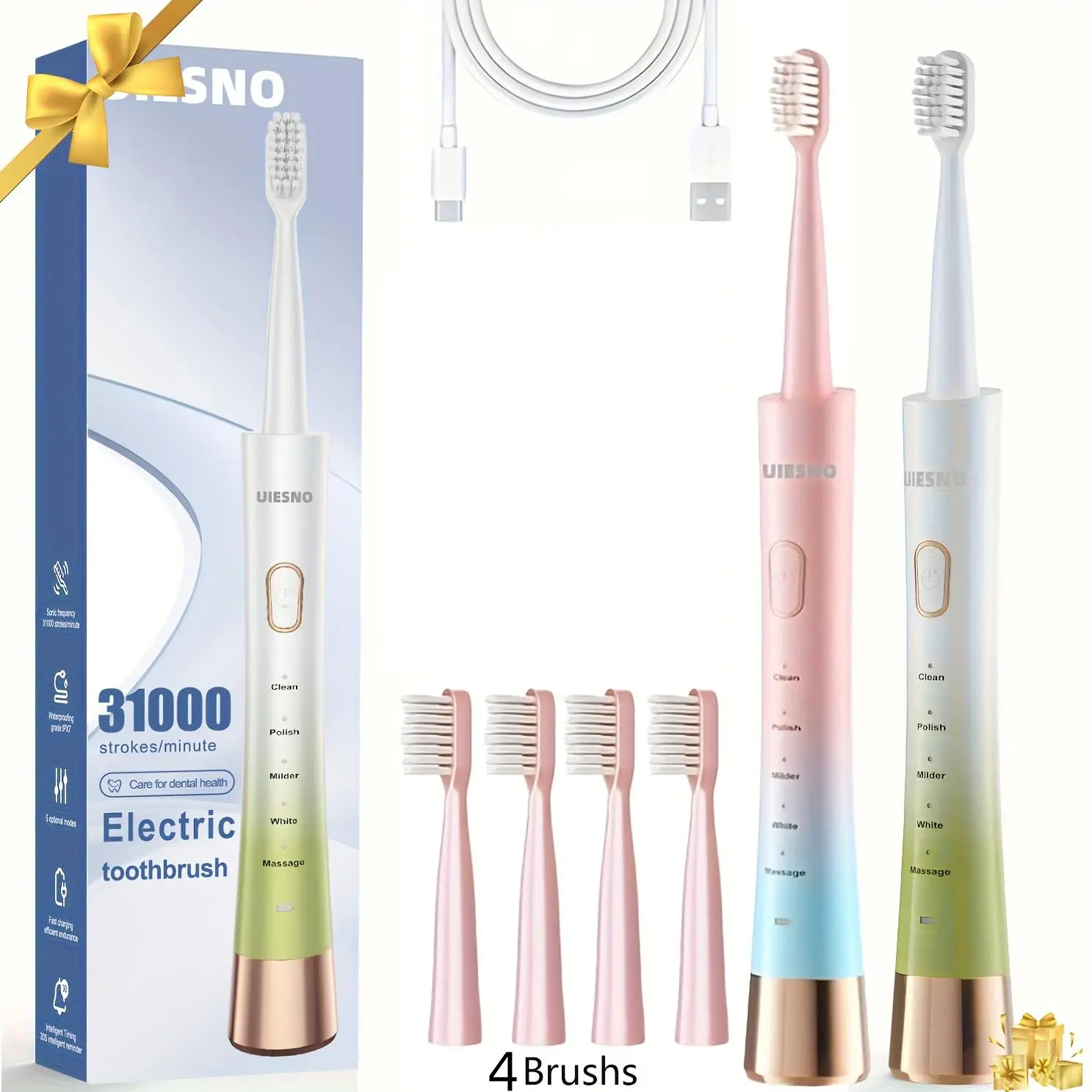 Adult Sonic Electric Toothbrush, USB Rechargeable with 4 Brush Heads, Smart Timer, 5 Modes, Quick Charge, Nylon Bristles, Deep Clean, Rechargeable Electronic Toothbrushes, Power Toothbrushes, Electrical Gadgets