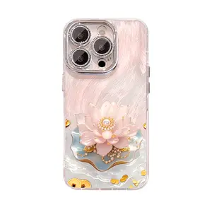Lotus Pattern Phone Case for iPhone 11/12/13/14/15/16/17 Pro Max,17Air,14/15/16 Plus,X,&XS Max; feather-veil texture design, anti-fingerprint, lens film & full-body drop protection.