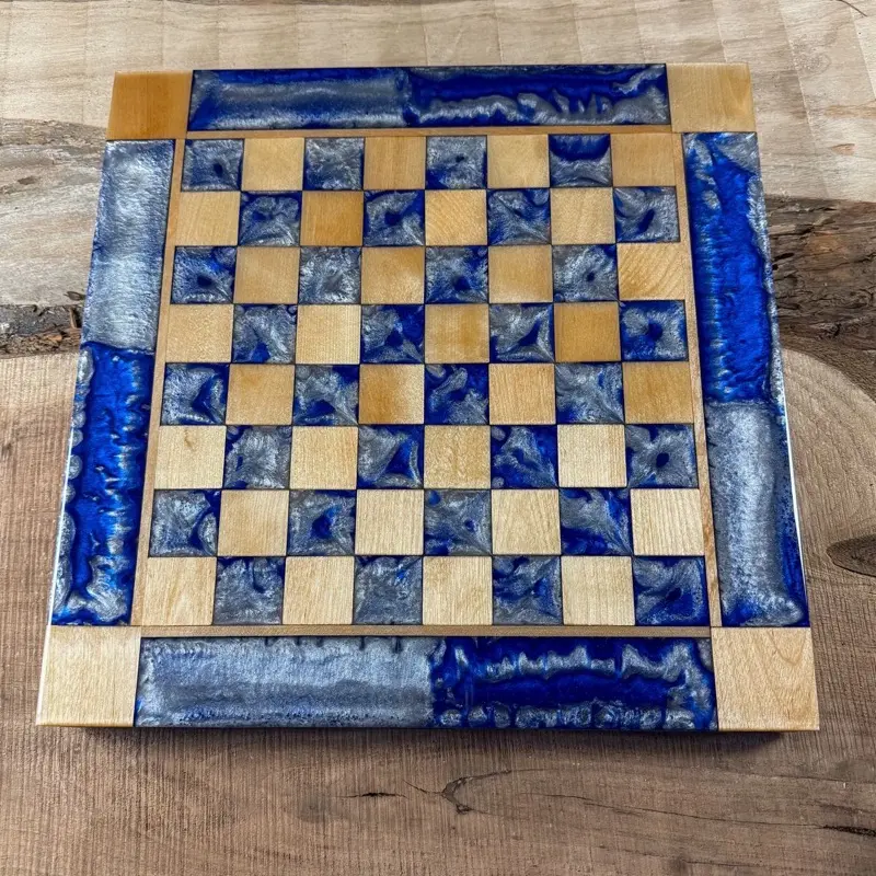 Deep Blue Silver Maple Wood Chess Board (PIECES INCLUDED)