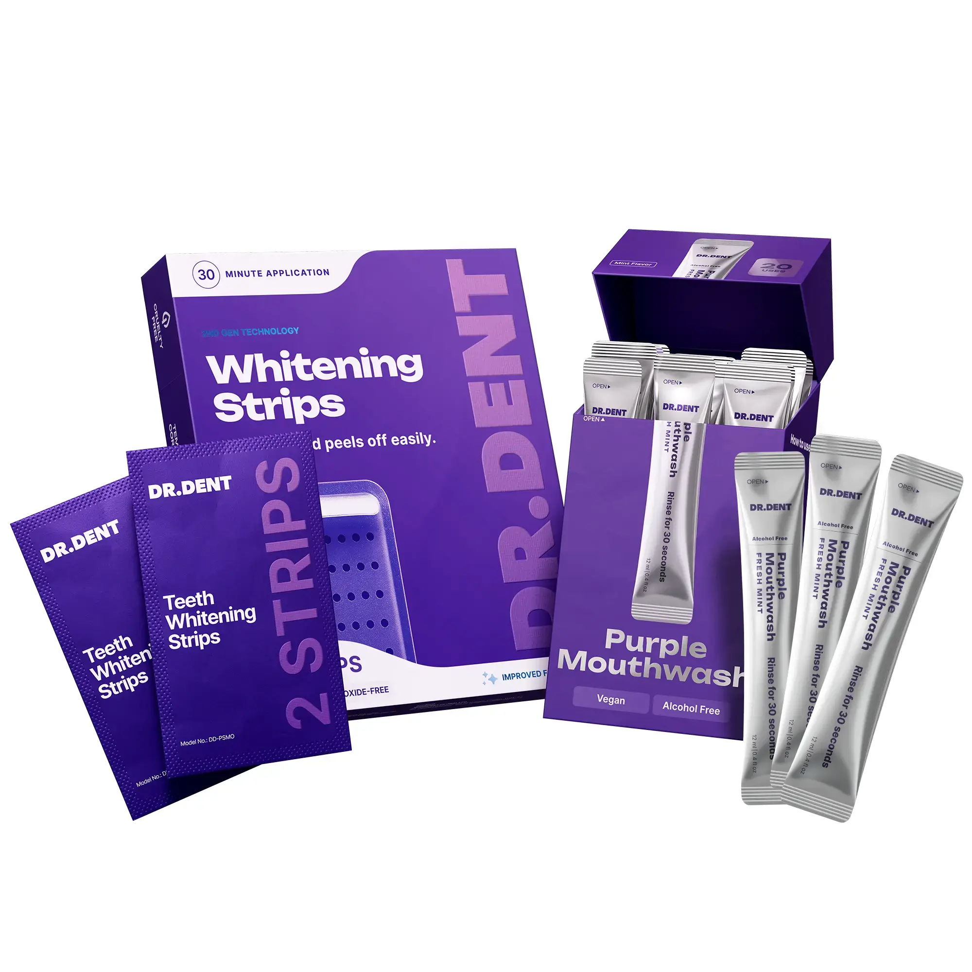 DR.DENT The Purple Duo - Purple Mouthwash [20 Uses] + Purple Teeth Whitening Strips - [7 Whitening Sessions]