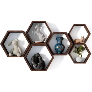 Floating Shelves Set of 6 Honeycomb Shelves for Wall, Wooden Hexagon Shelves for Farmhouse Storage.