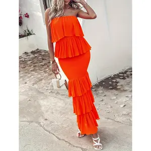 Bandeau Shirred Ruffle Hem Layered Dress