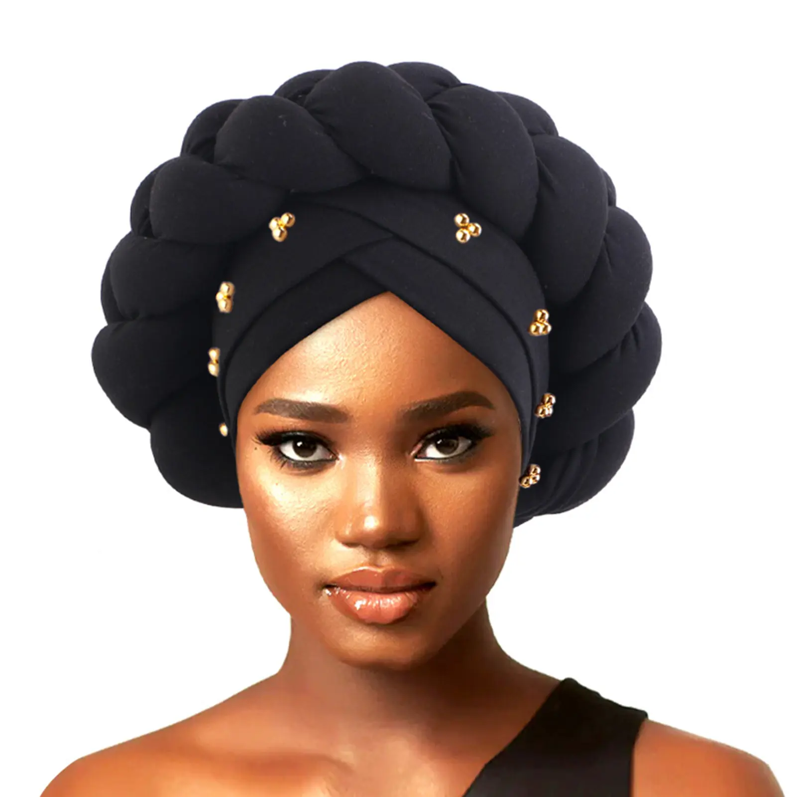 Women's Pre-Tied Turban with 3D Lock Texture, African Bohemian Headwrap, Stretchy Snug Fit Twist Pattern Hair Wrapping Hat for Natural Hair, Elastane, African Turban