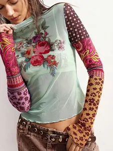Bohemela Women's Floral Print Color Block Stand Collar Long Sleeve Top Bohemian Boho Style