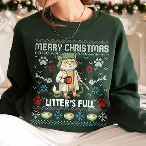 Litter's Full Christmas Vacation Cat Sweatshirt, Litters Full Cat Lover Xmas Shirt, Funny Christmas Shirt Gifts
