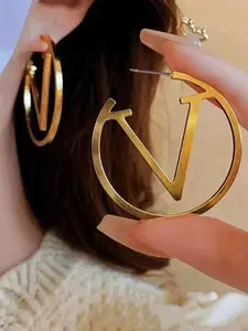 Women's Geometric V-Shape Letter Ring Earrings, Hollow Design, Non-Fading Metallic Shine, Casual Daily Wear, Party & Holiday Jewelry