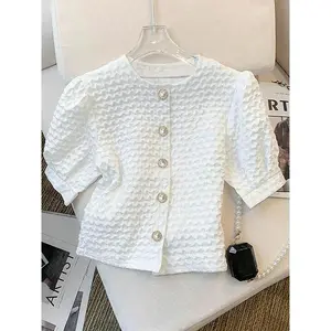 Women’s solid color blouse, elegant round-neck casual short-sleeve top for work, office, and business, ladies’ clothing for all seasons, womenswear