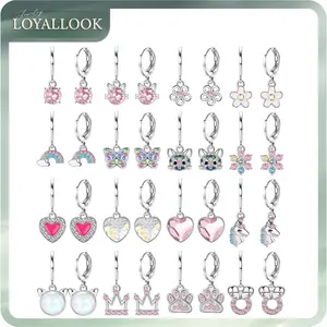 LOYALLOOK 16Pairs Hypoallergenic Earrings for Girls Women Stainless Surgical Steel Huggie Hoop Earring Set for Sensitive Ears Cute Dangle Pink Kids Toddler Jewelry with Charm Age: over 4 years old