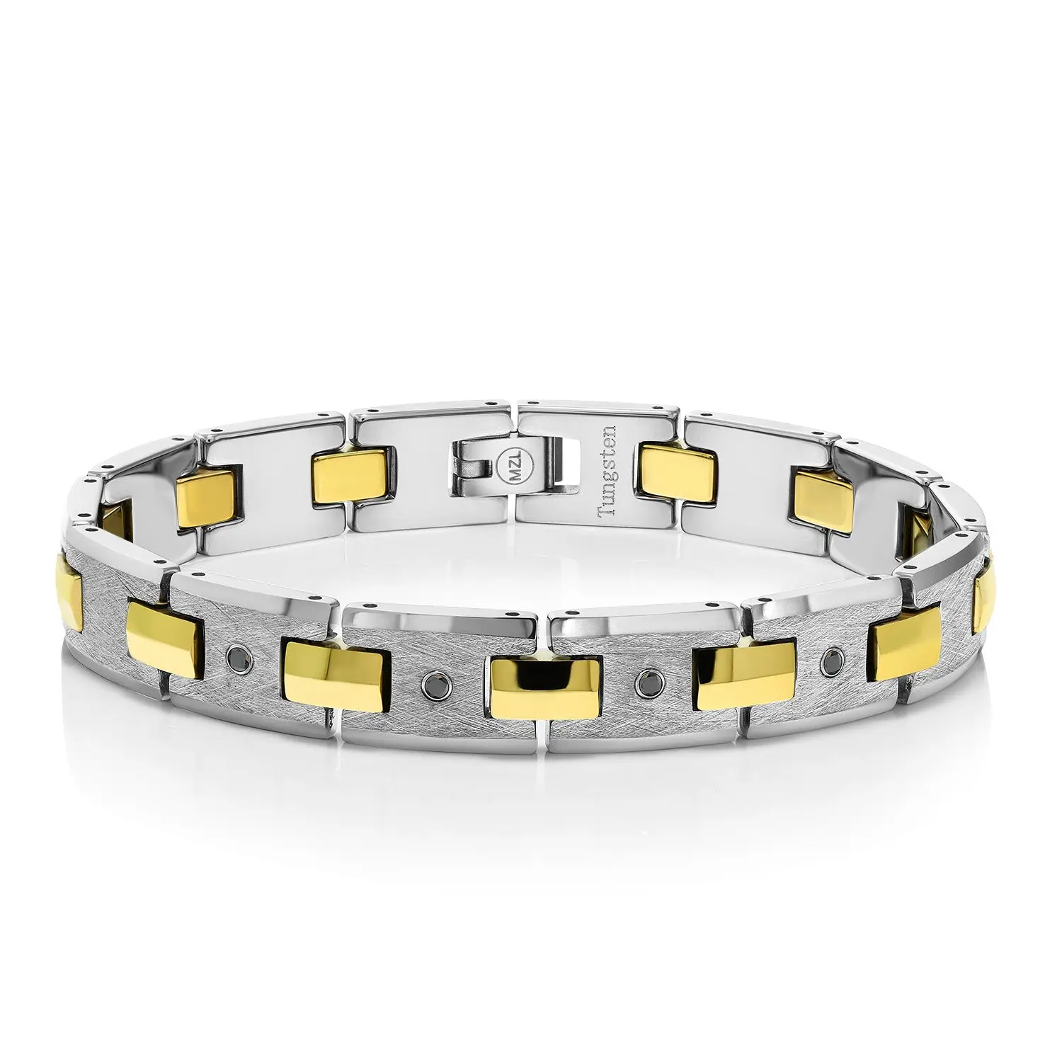Men’s Matte Finished Tungsten 4 Black Diamond Bracelet with Gold Plated Connector Links and Safety Clasp (0.15 Cttw VS-SI Clarity Lifetime Scratch Proof Guarantee) 8.5 Inches in Length