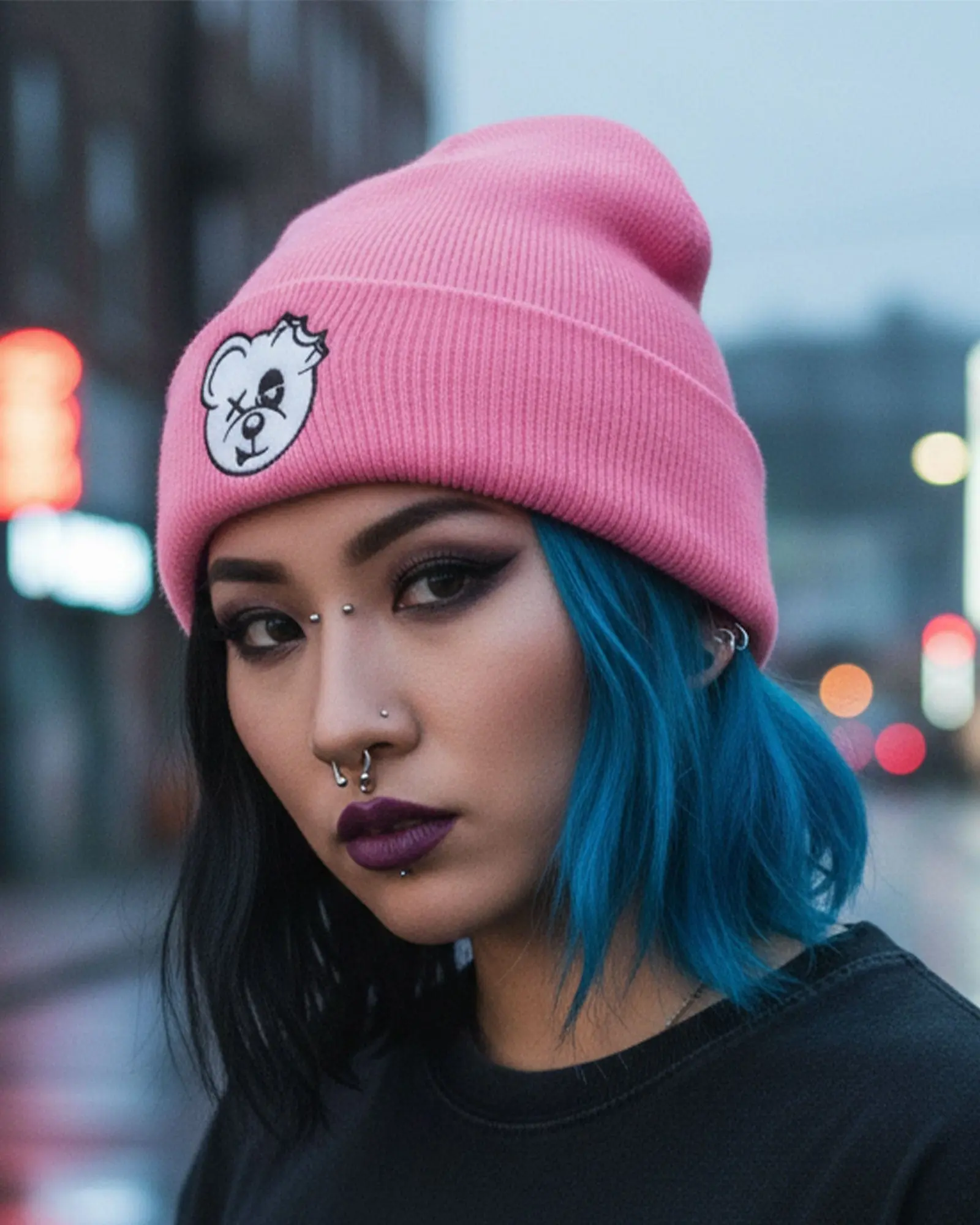 Bear Metal Beanie - Pink Unisex Beanie for Women Men