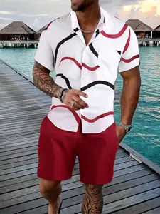 Men's White & Red Tropical Wave Print 2-Piece Loungewear Set - Short Sleeve Camp Collar Shirt & Elastic Waist Shorts, Soft Breathable Fabric, Loose Relaxed Fit for At-Home Lounging, Lazy Weekends & Casual Evenings