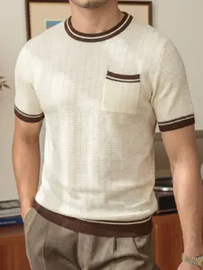 New Spring Summer Old Money Style Men's Round Neck Pocket Short Sleeve Knit Sweater, Pure Color Loose Fit Casual Daily Wear Top