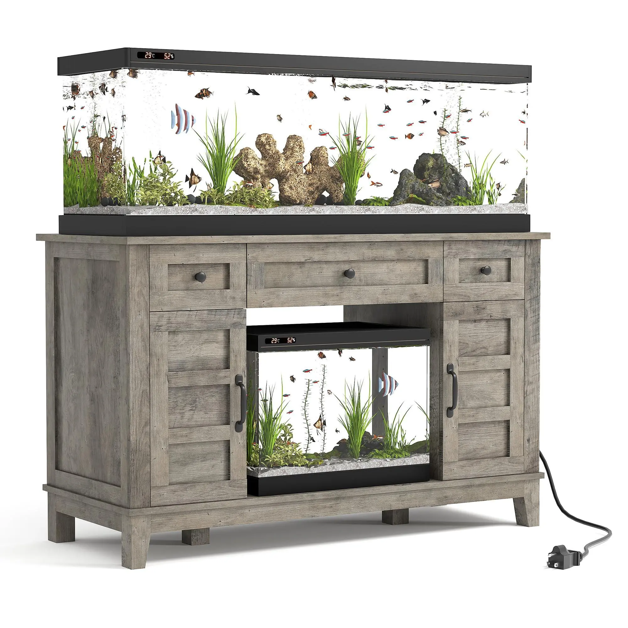 Farmhouse Aquarium Stand for 35-55 Gallon Fish Tanks with Built-in Power Outlet, Heavy Duty 1400 Lb Capacity, Adjustable Storage Shelves, Rustic Grey Fish Tank Cabinet for Aquatic Pets & Terrarium