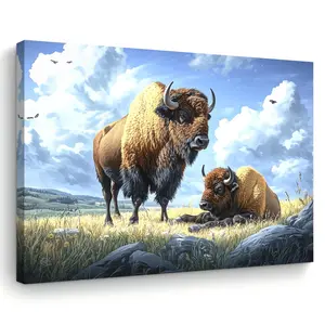 Charming Bison on Grass Canvas Art - Wooden Frame Wall Decoration for Living Room, Bedroom, Kitchen| Perfect home and office decoration| Ideal Christmas gift, suitable for solo party occasions, perfect room decoration