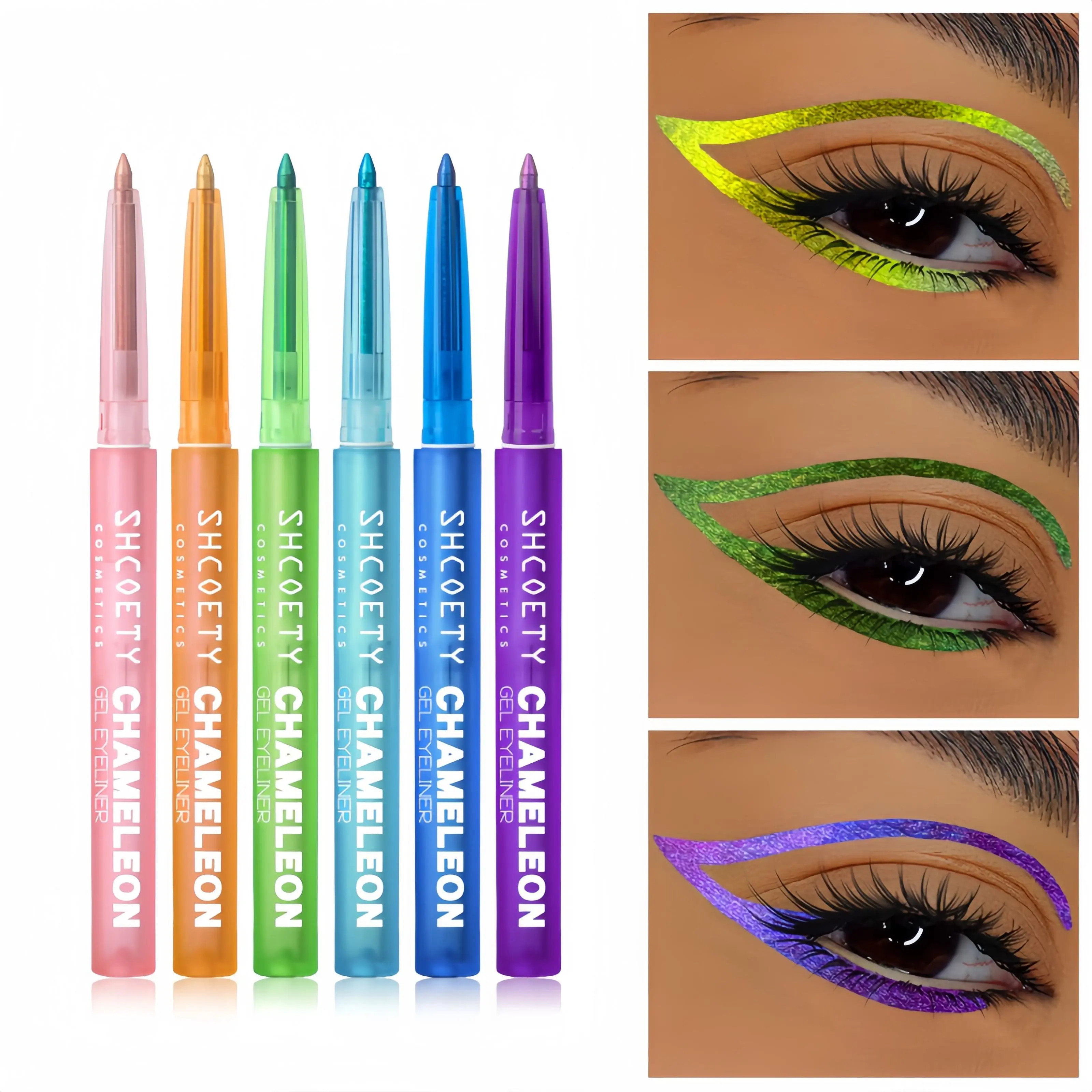6-Color Chameleon Eyeliner Pencil, Smudge-Proof Waterproof Sweat-Resistant Cosmetic, Color-Changing Under Different Lighting, Unlocks Multiple Styles for Music Festivals Metallic Eye Looks