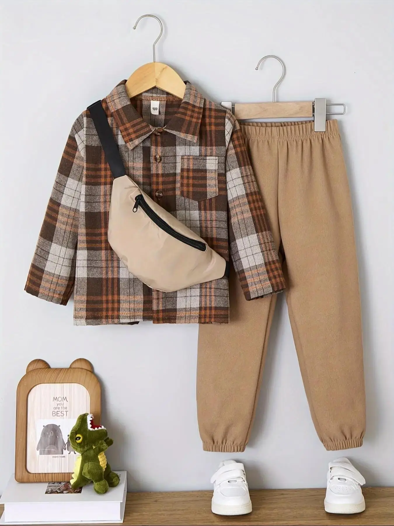 Three-Piece Set Toddler Boy's Plaid Print Button Front Shirt & Elastic Waist Pants & Fanny Pack Set, Casual Long Sleeve Collared Top & Jogger Trousers