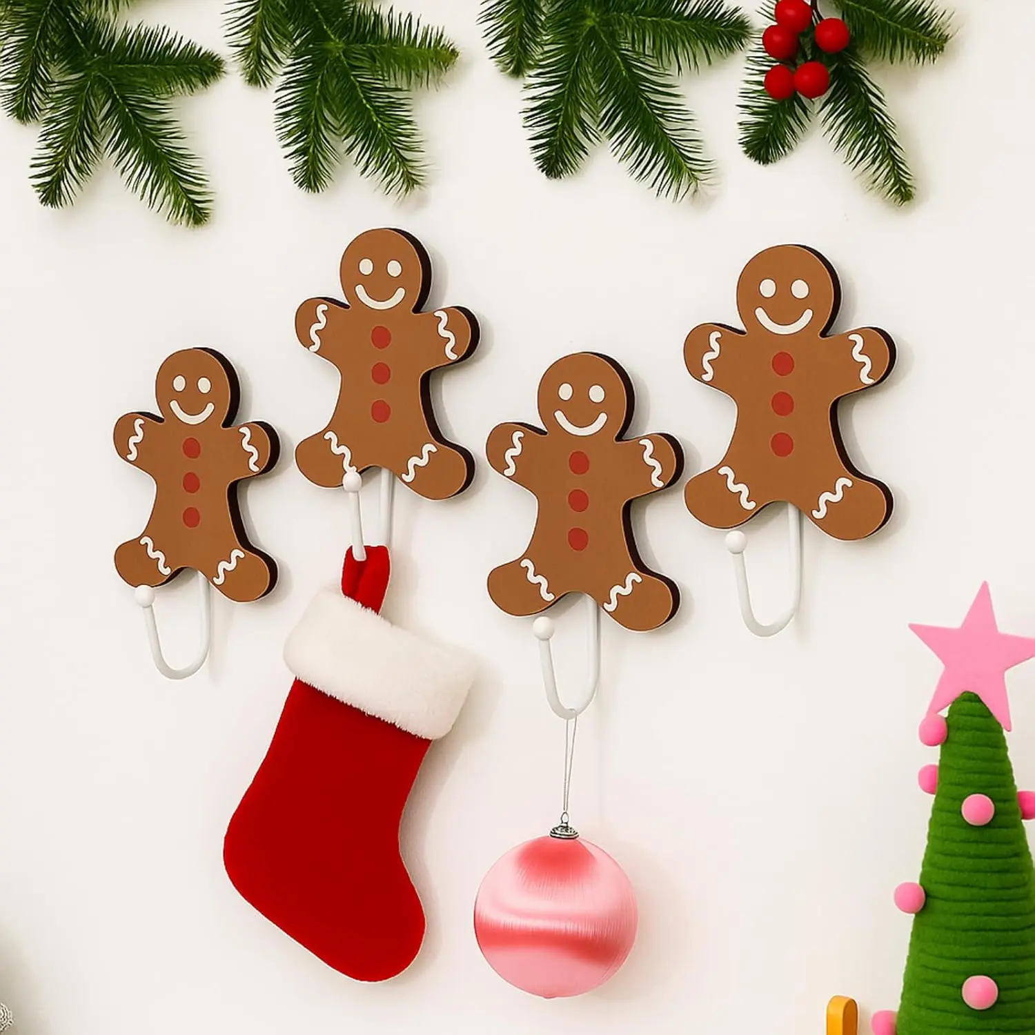 4PCS Christmas Stocking Holder, Christmas Stocking Hooks Gingerbread Wall Hooks for Towel White Key Holder Bathroom Decor Rustic Decorative for Living Room Bathroom