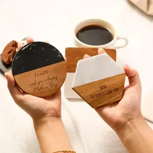 Free Custom Personalized Marble Acacia Wood Coaster Gifts for Colleagues and Friends Insulation Coaster Stone and Wood Splicing