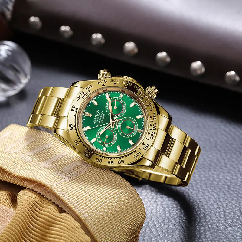 NAMKIN Men's Automatic Mechanical Watch Gold Tone Case Green Chronograph Dial Stainless Steel Band Sporty Luxurious Timepiece for Men fashionable business style sapphire crystal glass