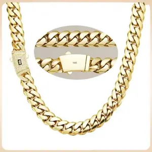 14K Vacuum Gold-Plated Miami Cuban Chain Necklace with Ice Out CZ Clasp Unisex Hip Hop Jewelry Trendy Streetwear Gift for Couples‌ Length 18/20/22/24 inch Width 10 mm fashion jewelry high-end accessory new design Friendship Bracelet Earrings Set