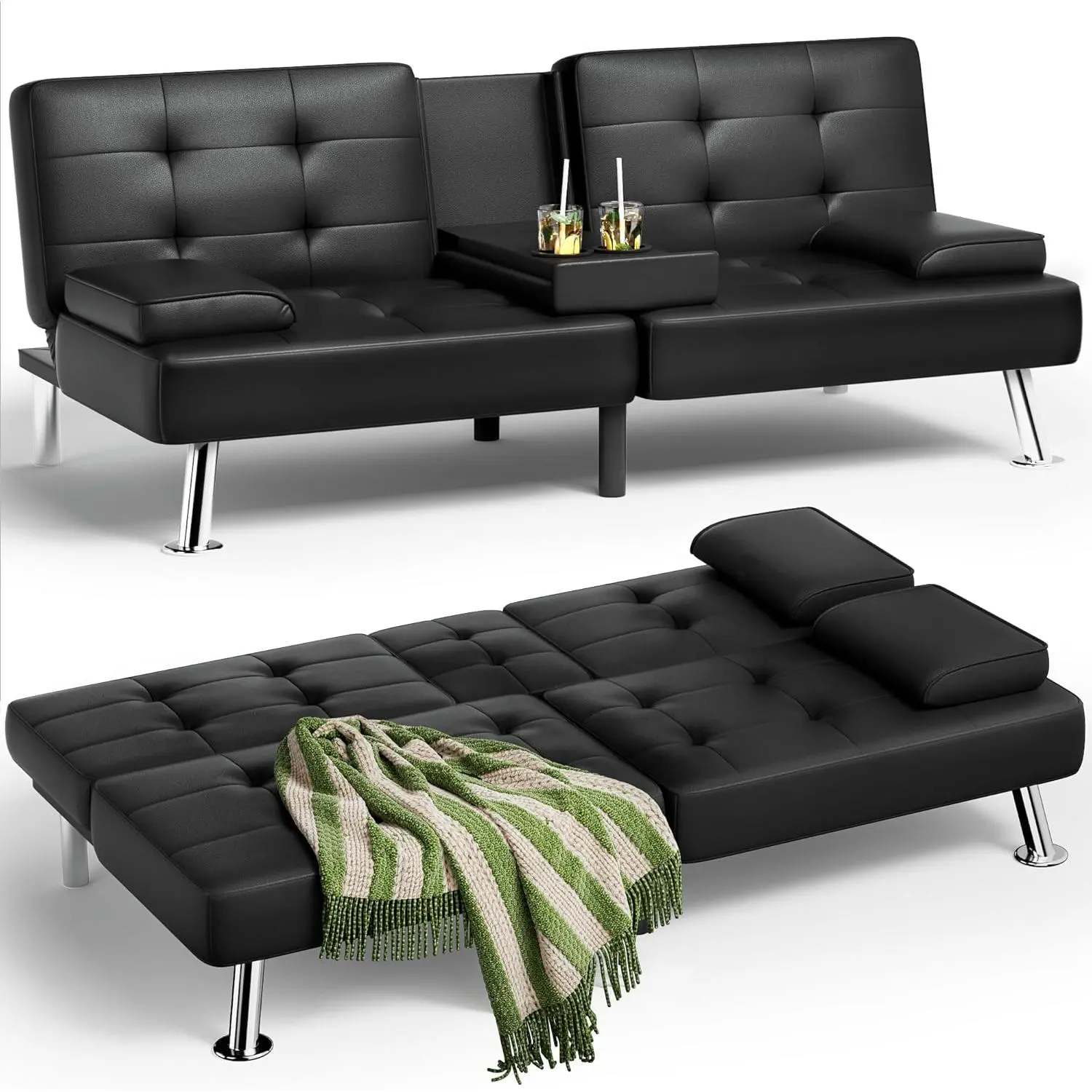 【Limited time deal】BA-CBX Futon Sofa Bed, Leather Futon Couch with Removable Armrests, Adjustable Recliner Sleeper Sofa Bed with Dual Cup Holders for Living Room, Apartment, Office (Black)