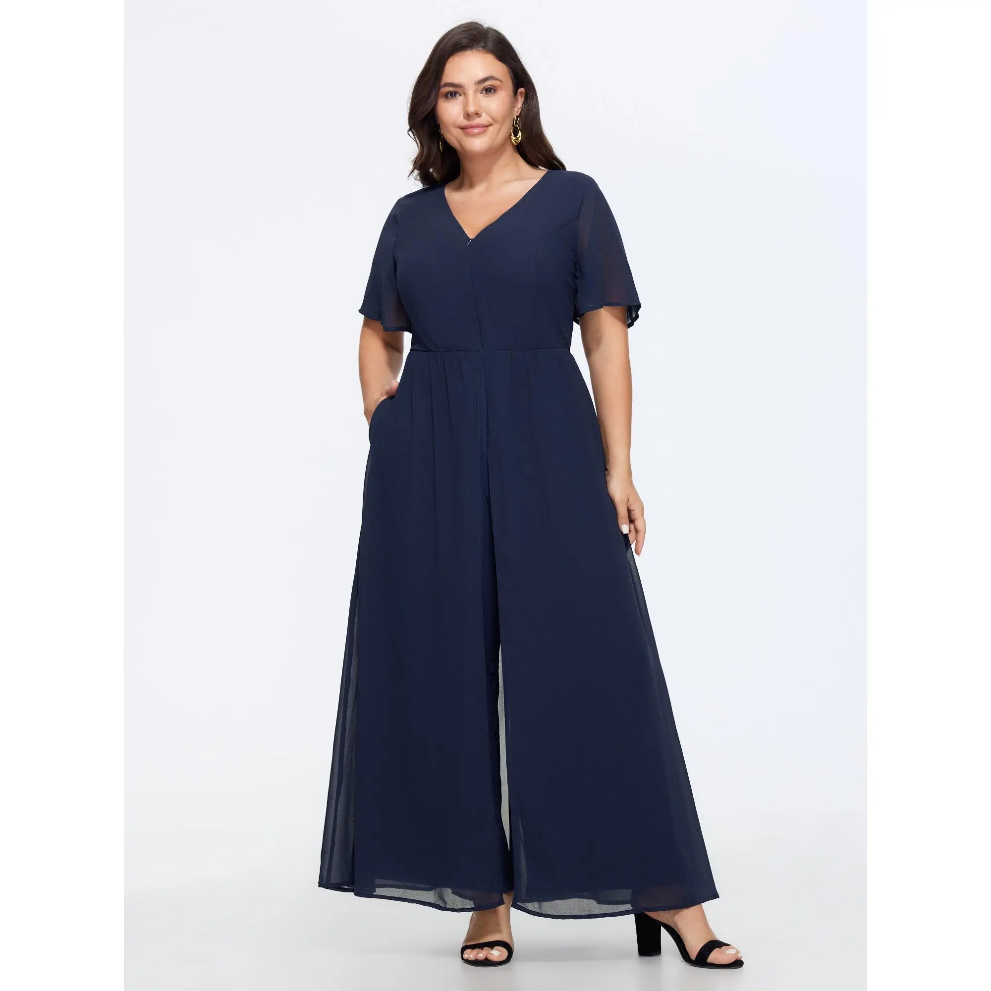 BloomChic Women's Plus Size Solid Long Overalls, Simple Summer Jumpsuit with Layered Pockets and Hidden Zipper, Basic