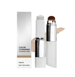 Color Changing Foundation Stick with Brush, 2-in-1 Waterproof Long Lasting, Medium to Full Coverage Dewy Finish Makeup, For Mature Skin & All Skin Tones
