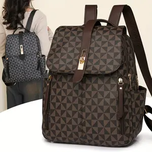 Vintage Plaid Backpack for Women, Large Capacity Shoulder Bag with Adjustable Strap, Lightweight, Zipper Closure, Polyester Lining, Random Diamond Print Design - Black/Beige/Dark Brown